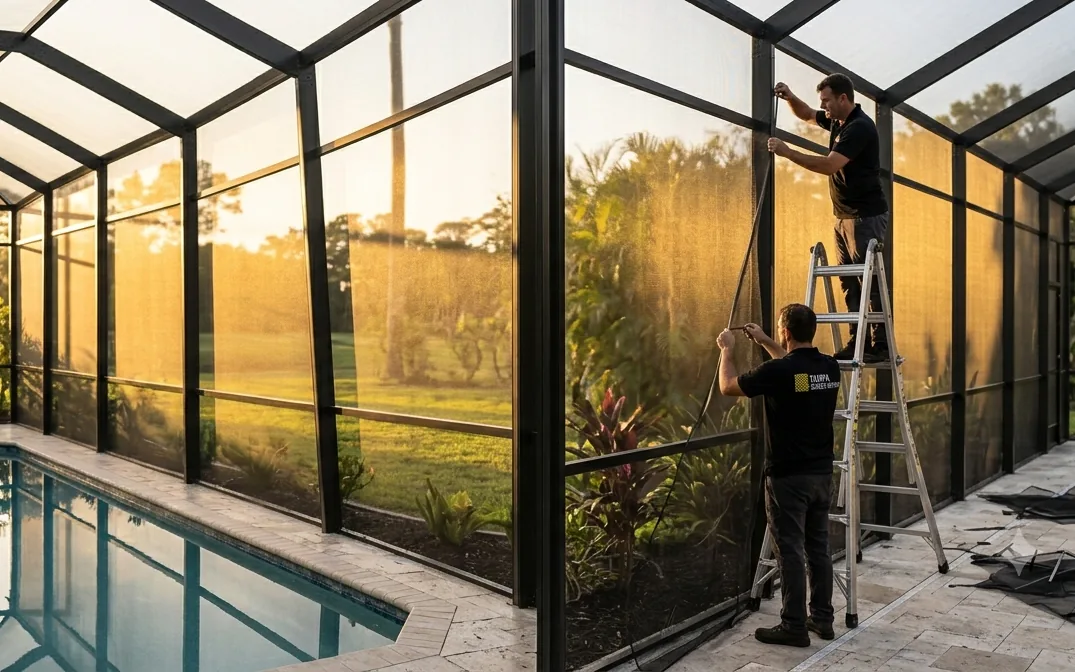 Pool cage rescreening crew working on a Tampa screen enclosure
