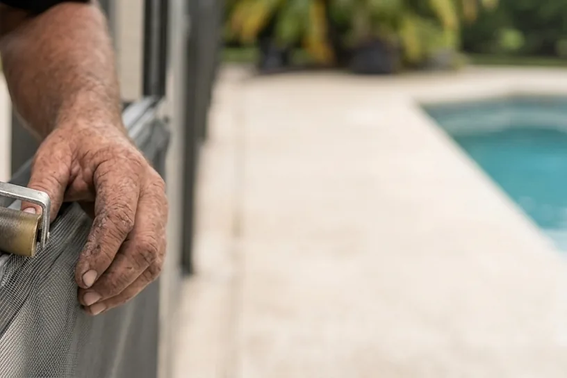 Clear vinyl-backed kick plate panel with water beaded on the surface beside a pool deck