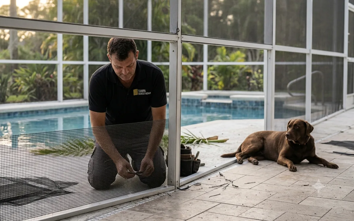 Pet-resistant mesh installed on the lower panels of a Tampa pool cage with a dog nearby