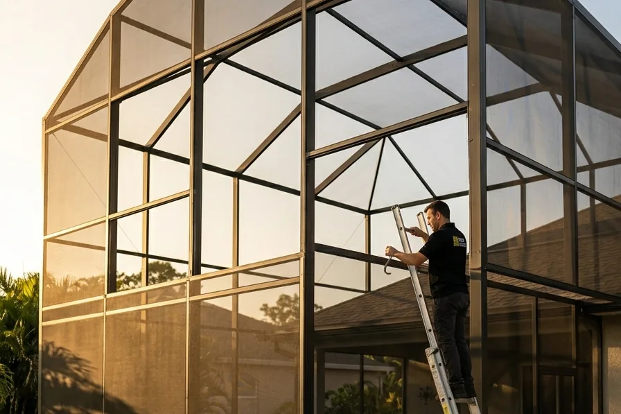 Pool enclosure with freshly installed charcoal screen at a Tampa home