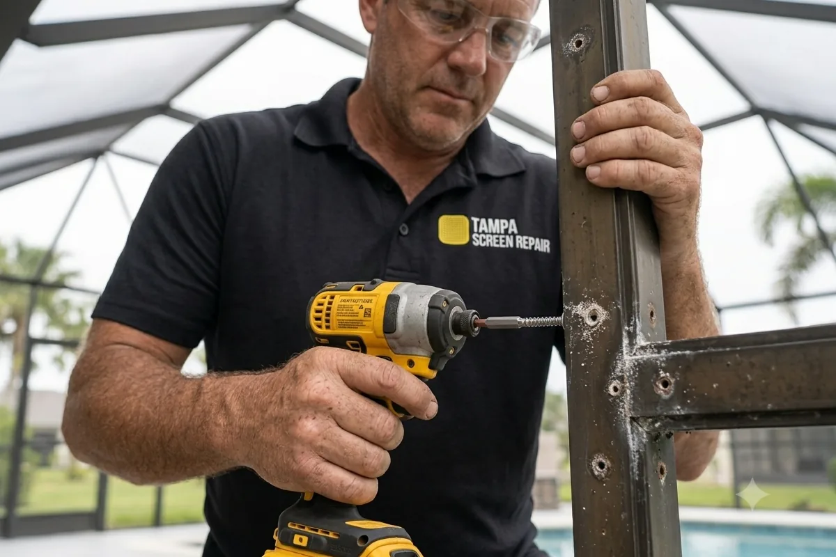 White powdery corrosion spreading from a fastener point on a pool cage upright