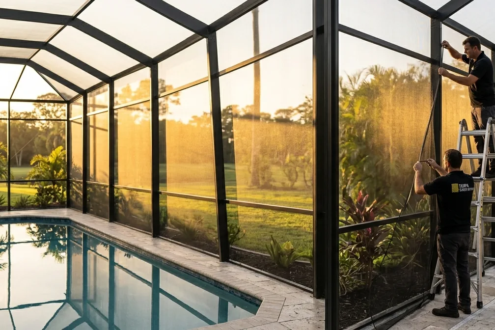 Completed pool cage rescreen with taut charcoal mesh in Carrollwood, FL