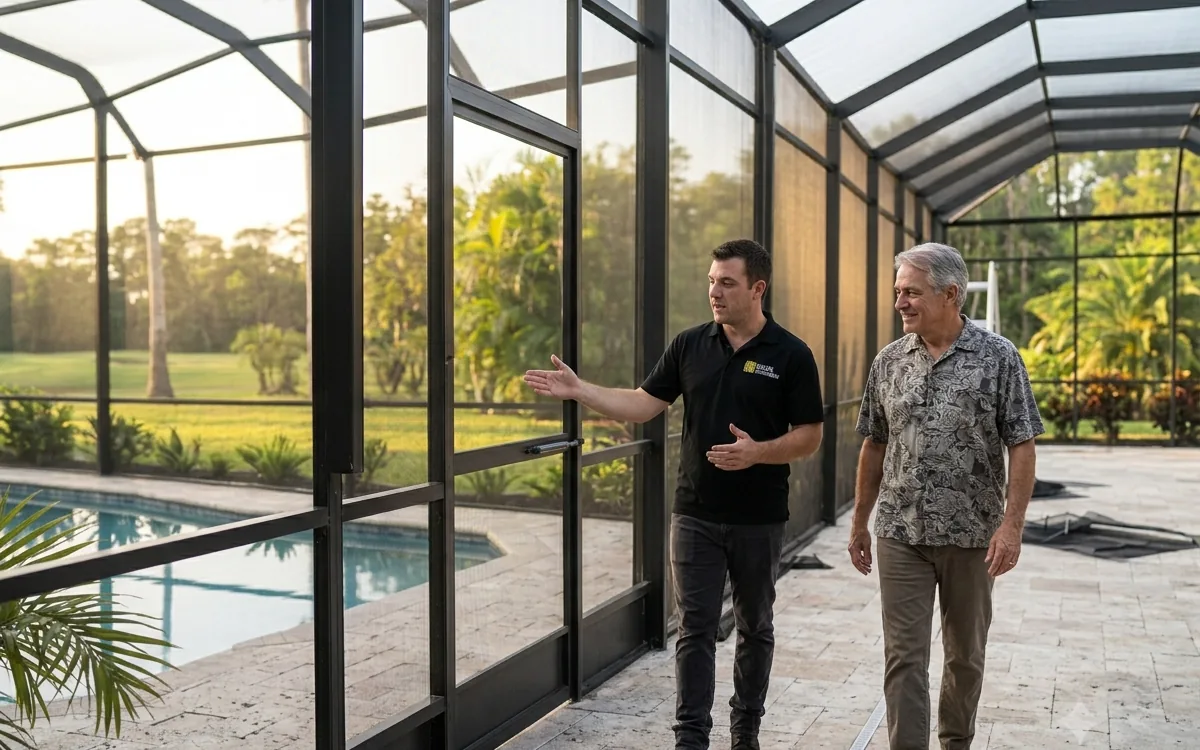 Technician showing a homeowner the difference between screen mesh grades on a pool deck