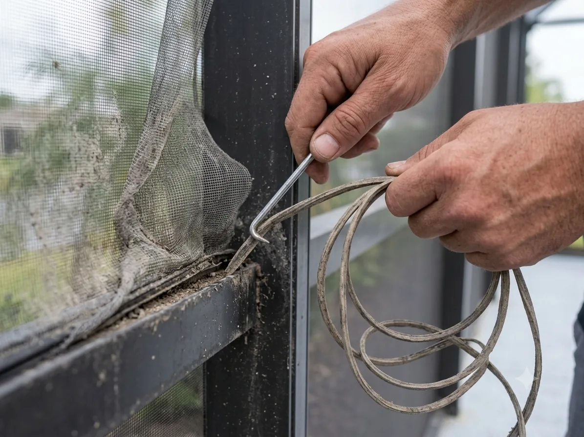 Old spline and aged screen being stripped from a pool cage frame channel