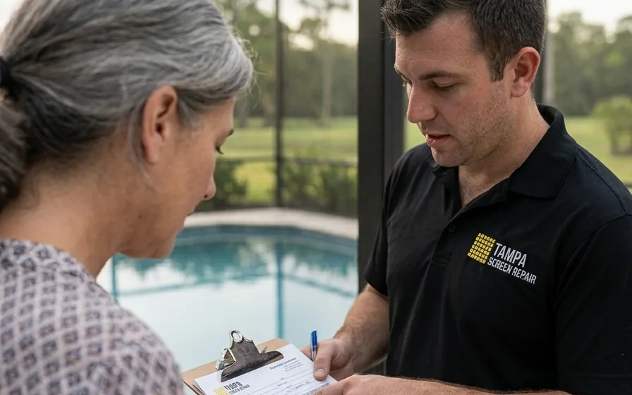 Technician counting pool cage panel openings with a Tampa homeowner