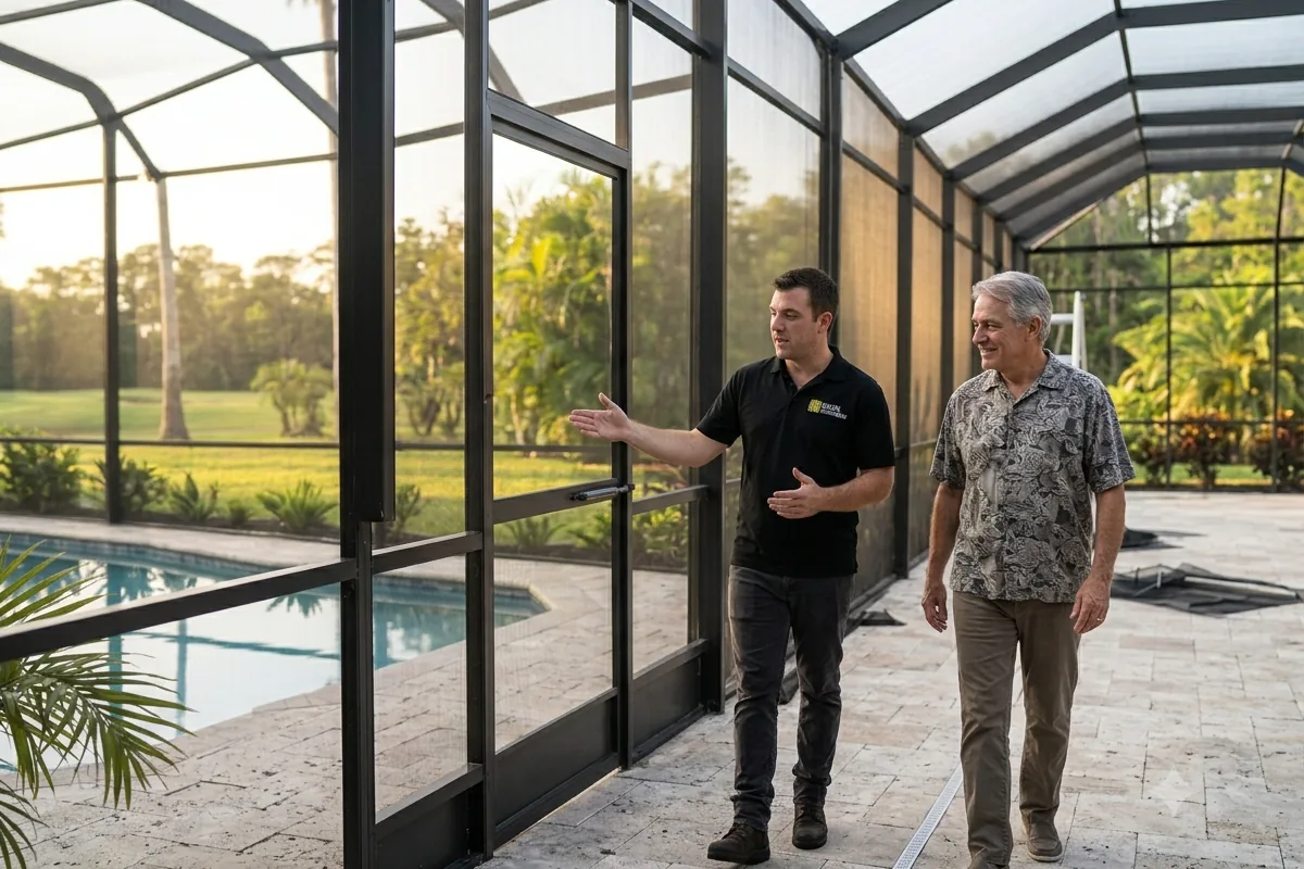 Technician and homeowner assessing the aluminium structure of an older pool cage