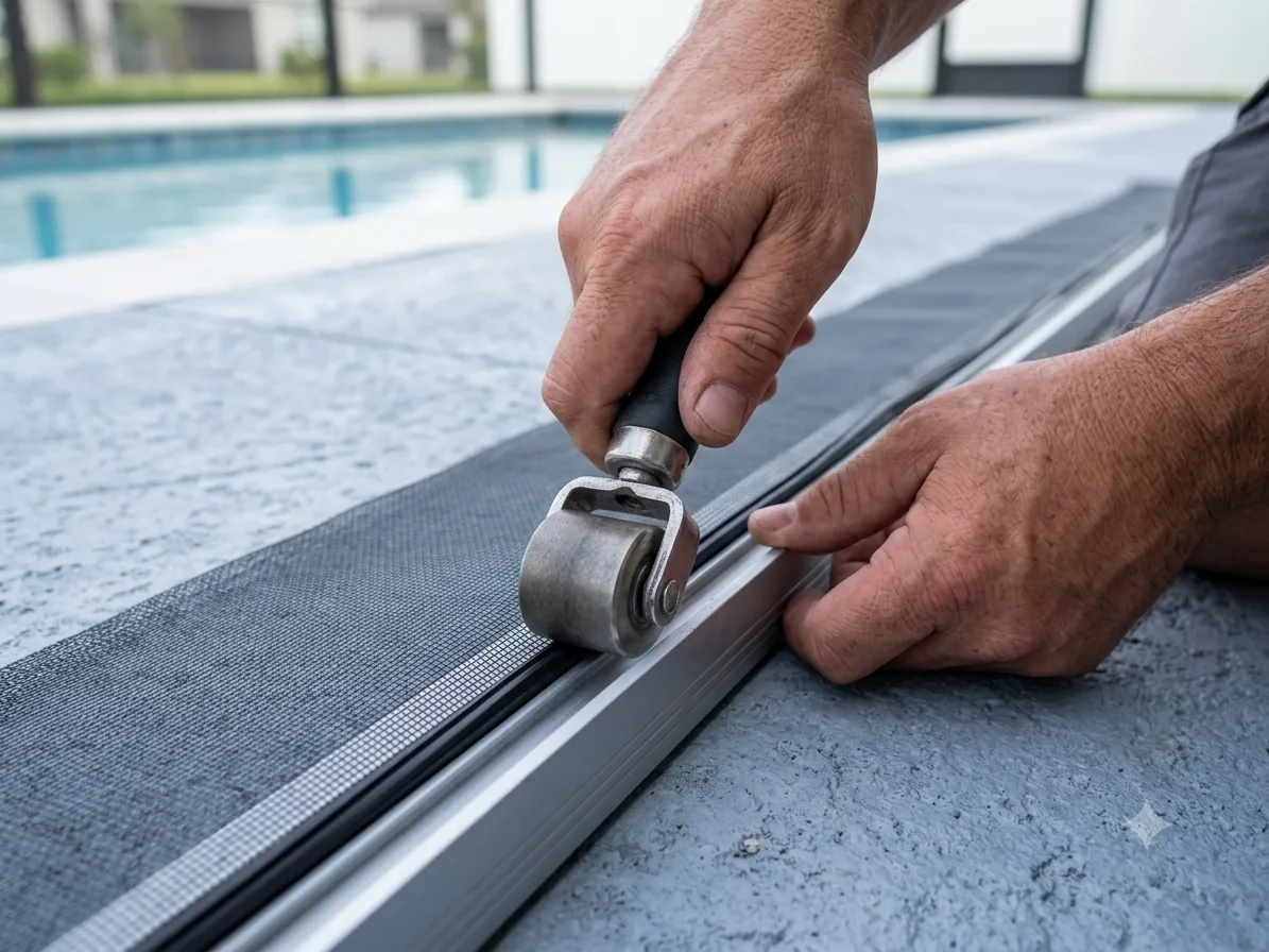 Spline roller seating new charcoal mesh into a pool enclosure frame channel