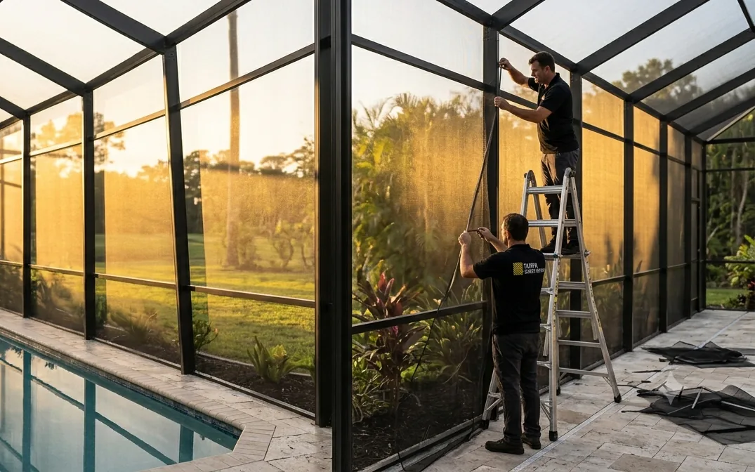 Technician tensioning fresh charcoal mesh into a Tampa pool cage frame