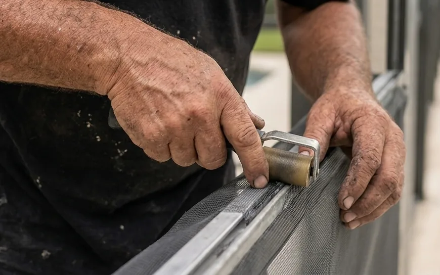 Technician working on a Tampa pool cage wall panel with a spline roller