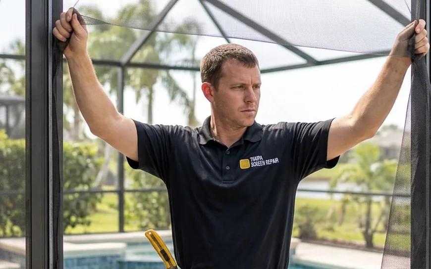 Pool cage rescreening at a New Tampa, Florida home