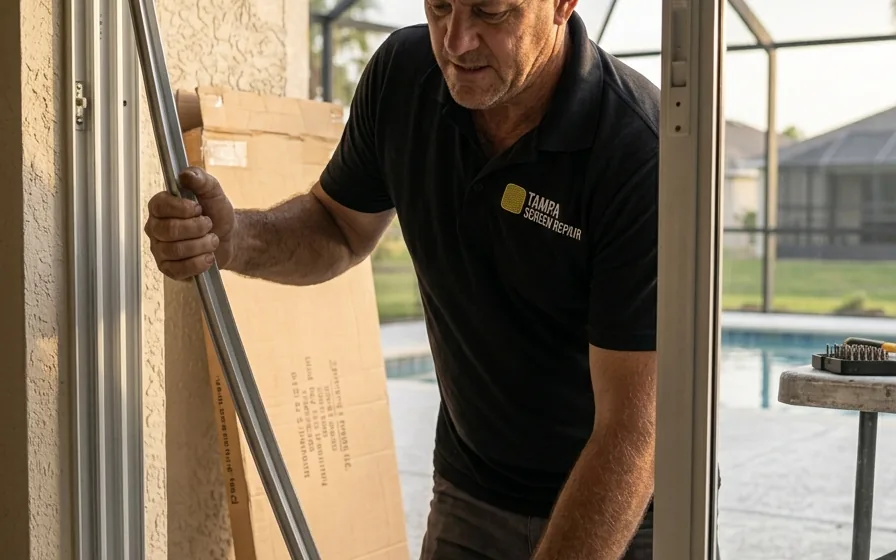Technician fitting a new pool cage screen door into a cleaned bottom track