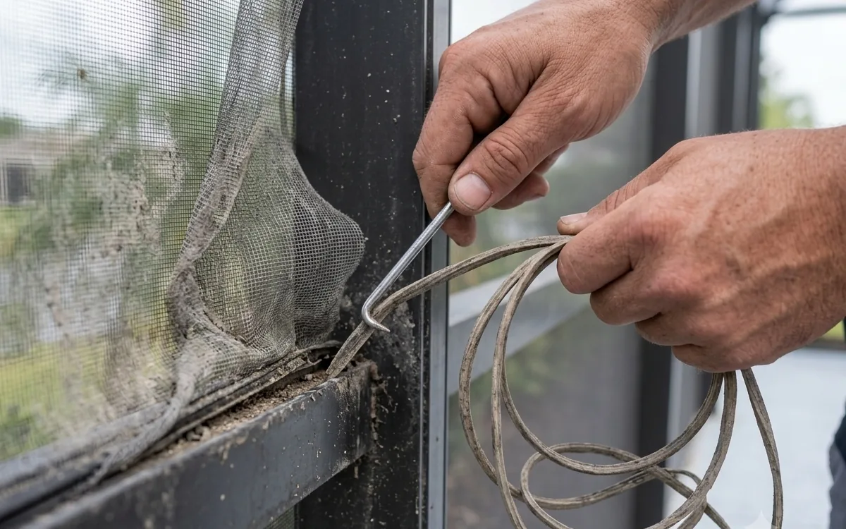 Aged pool enclosure frame showing corrosion at multiple upright bases