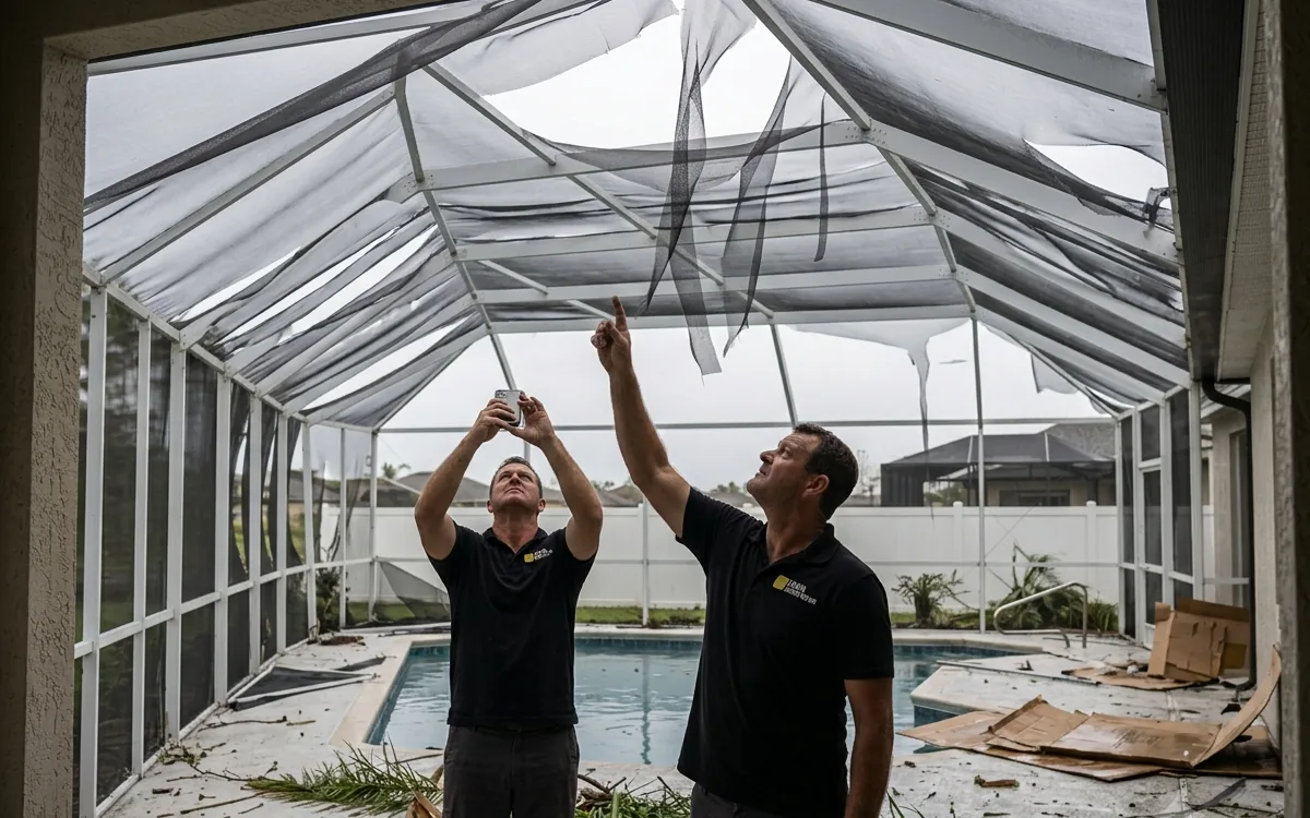 Two technicians assessing a storm-damaged pool cage with shredded roof screens